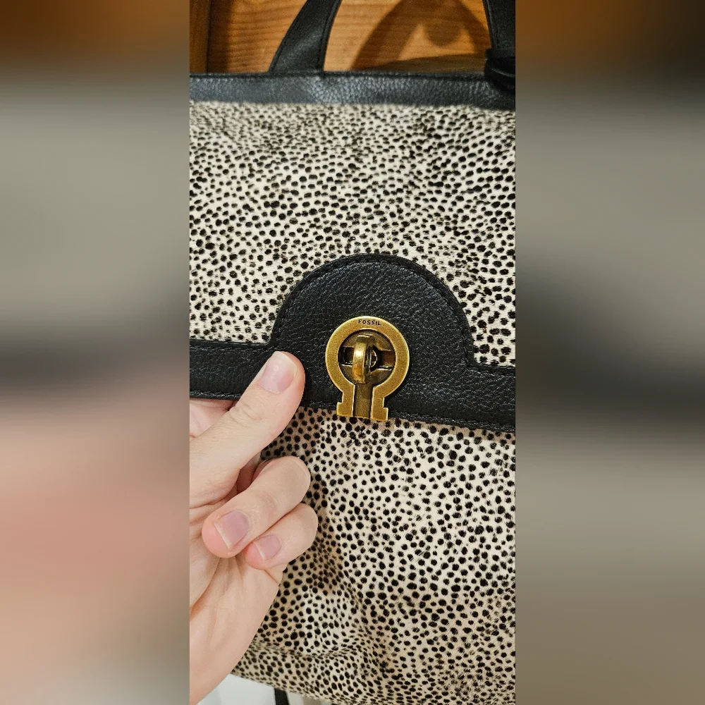 Fossil Amelia White Cheetah Black Leather Backpack Shoulder Bag ZB7856504 $298